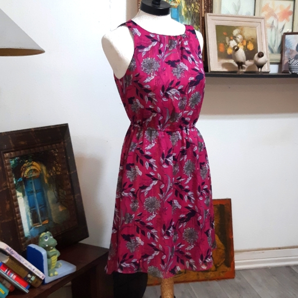 Womens dress Sz Medium Purple Flower Elastic Waist Halter Top lined MASION JULES